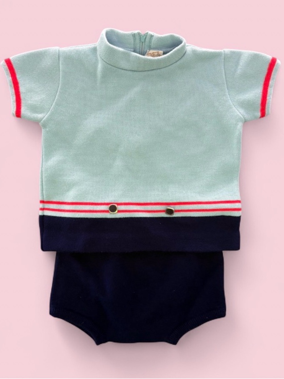 Vintage Little World 2 Pc Baby Knit Outfit Blue Bloomer Set Est 12-18M EUC